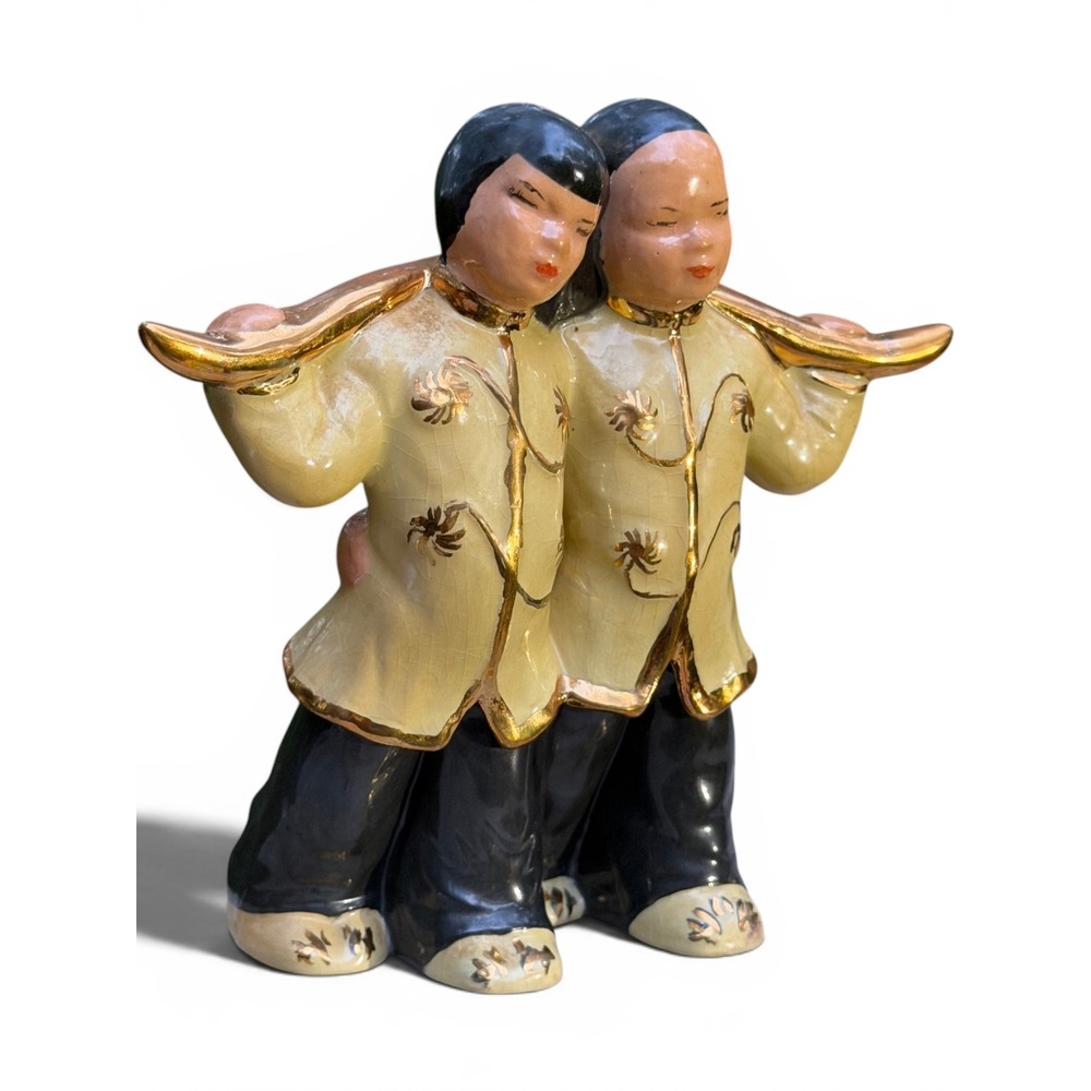 Chalkware Asian Couple Figurine Mid Century Gold Chrysanthemum Chinoiserie Decor